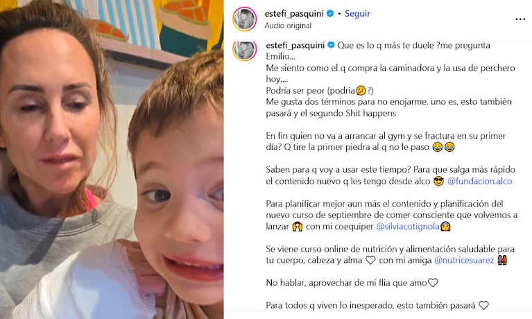 Estefanía Pasquín con su hijo Emilio Cormillot tras quebrarse un brazo