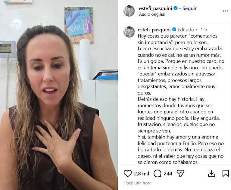 Estefanía Pasquini hizo un descargo tras los rumores de embarazo (Foto: captura de Instagram).