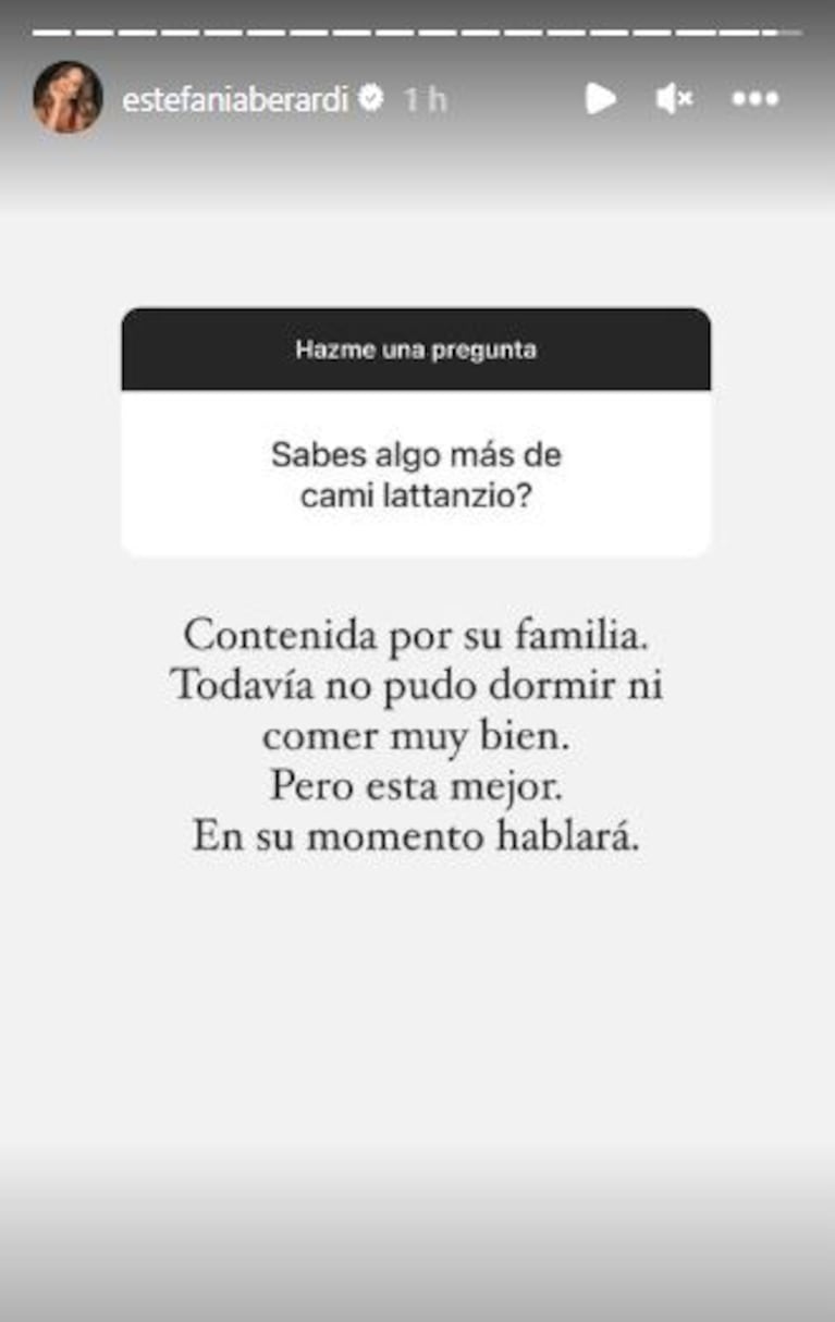 Estefi Berardi habló de la situación de Camila Lattanzio de Gran Hermano 2022. Foto: Instagram Stories