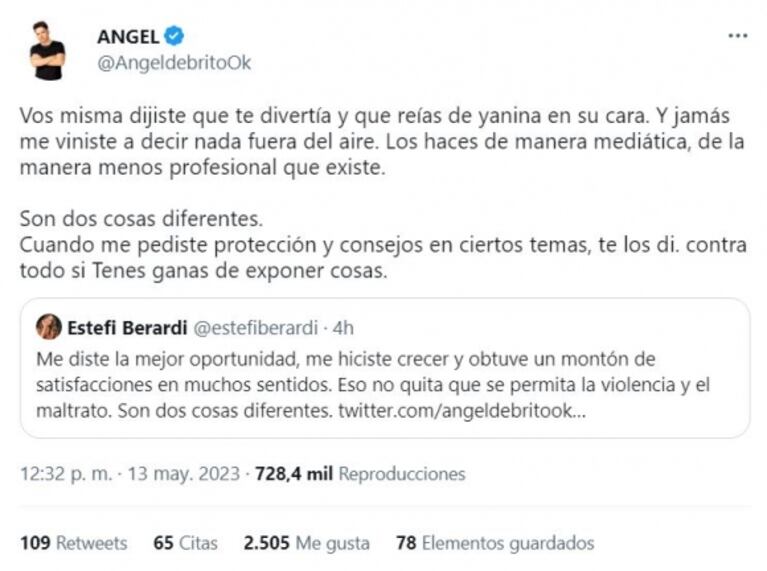 Estefi Berardi y Ángel de Brito protagonizaron un tenso ida y vuelta en las redes que generó polémica