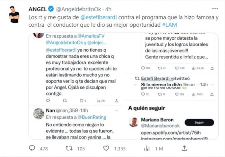 Estefi Berardi y Ángel de Brito protagonizaron un tenso ida y vuelta en las redes que generó polémica