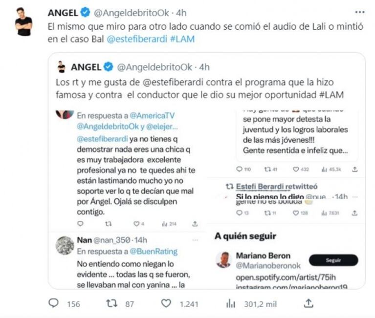 Estefi Berardi y Ángel de Brito protagonizaron un tenso ida y vuelta en las redes que generó polémica