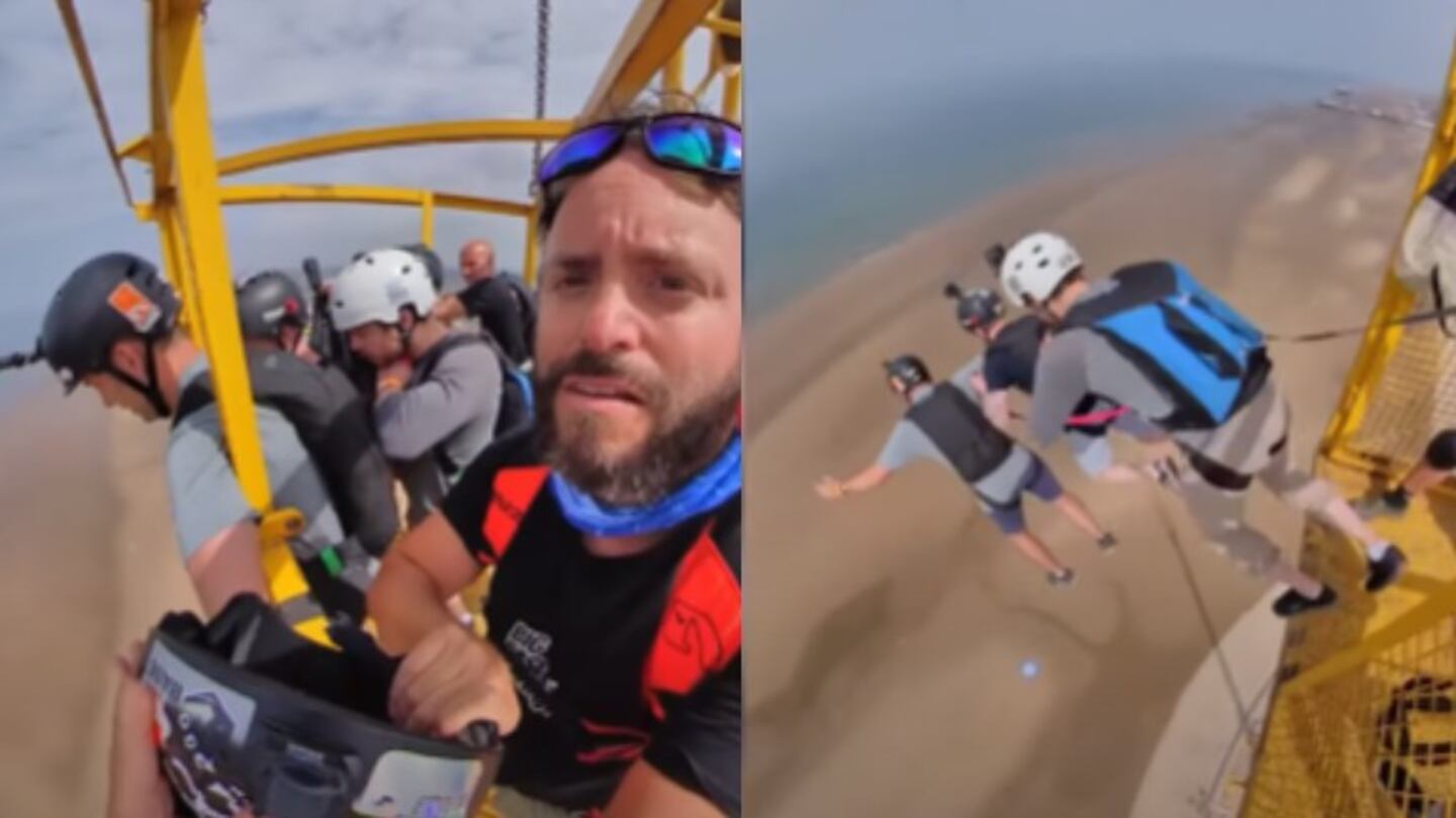 Estos hombres saltan desde una grúa de 120 metros para aterrizar en la playa de Blackpool, en Inglaterra