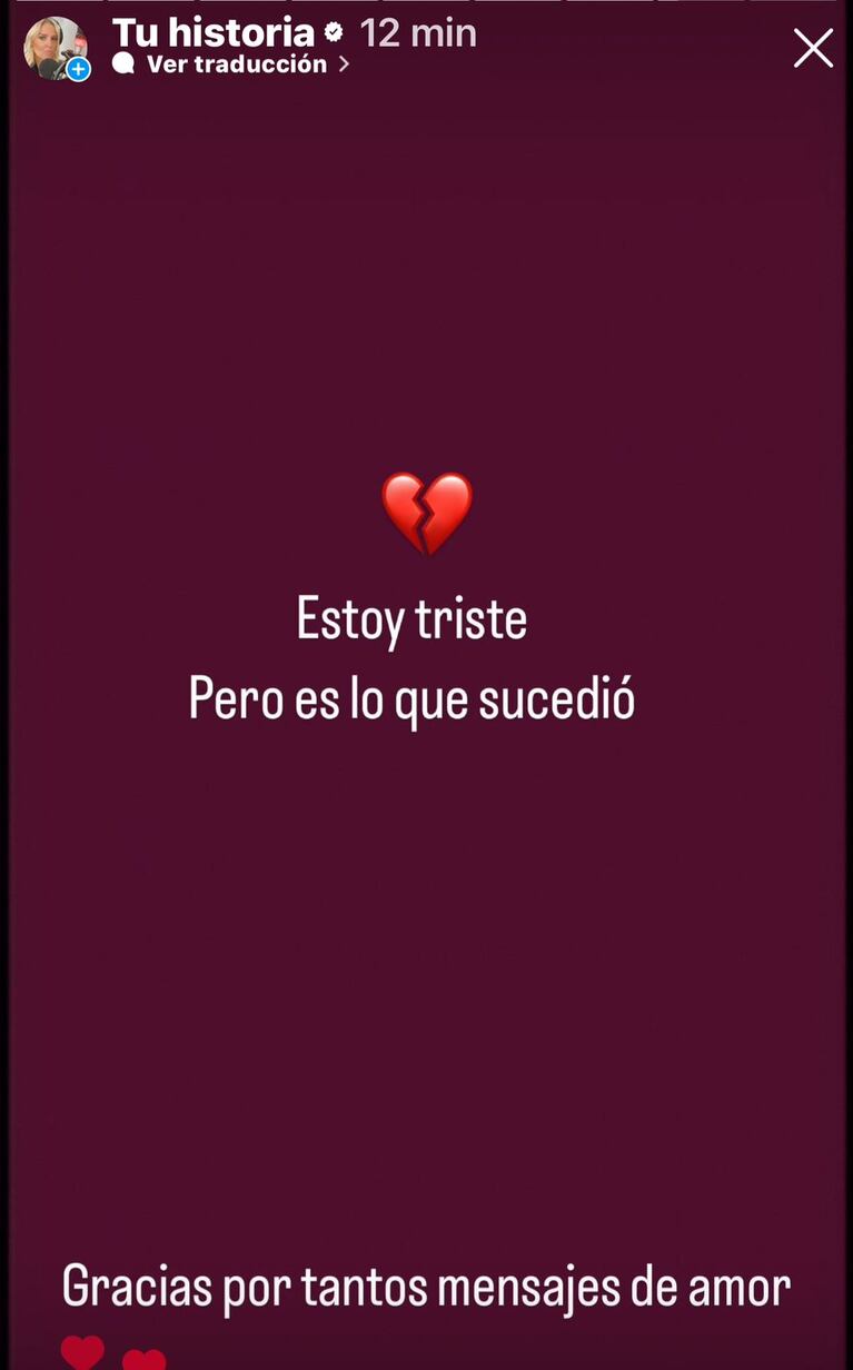 "Estoy triste pero es lo que sucedió", escribió Pilar Smith en Instagram junto al emoji de un corazón roto.