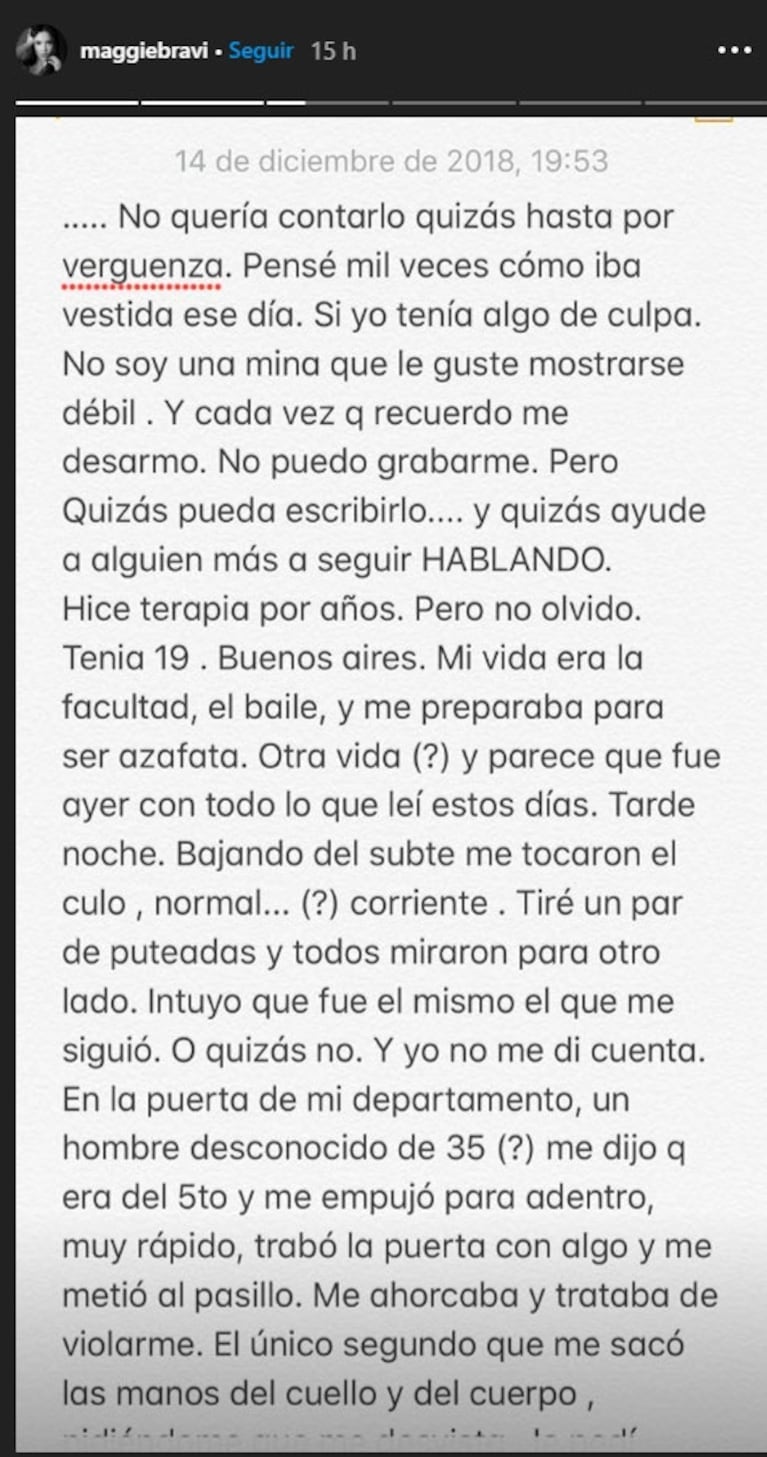 Estremecedor relato de Magui Bravi sobre un intento de violación: "Me pegó y trataba de violarme"