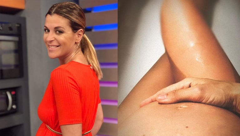 Eugenia mostró su pancita desde la bañera.