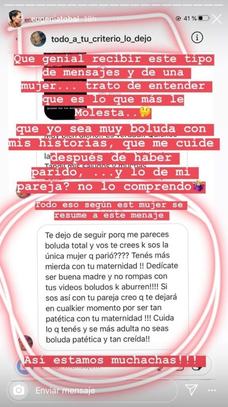 Eugenia Tobal compartió el mensaje más agresivo que recibió por su maternidad: "Trato de entender qué es lo que más le molesta"