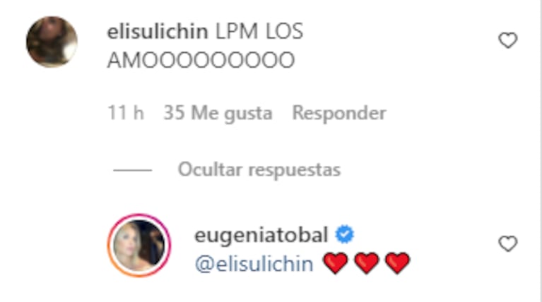 Eugenia Tobal compartió fotos románticas con su marido y Eli Sulichín, la novia de Benjamín Vicuña, les dejo un llamativo mensaje: "Los amo"