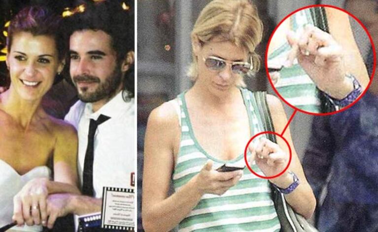 Eugenia Tobal, el día de la boda, con su alianza, y hoy, sin el anillo de casada. (Fotos: Paparazzi y Hola! Argentina)