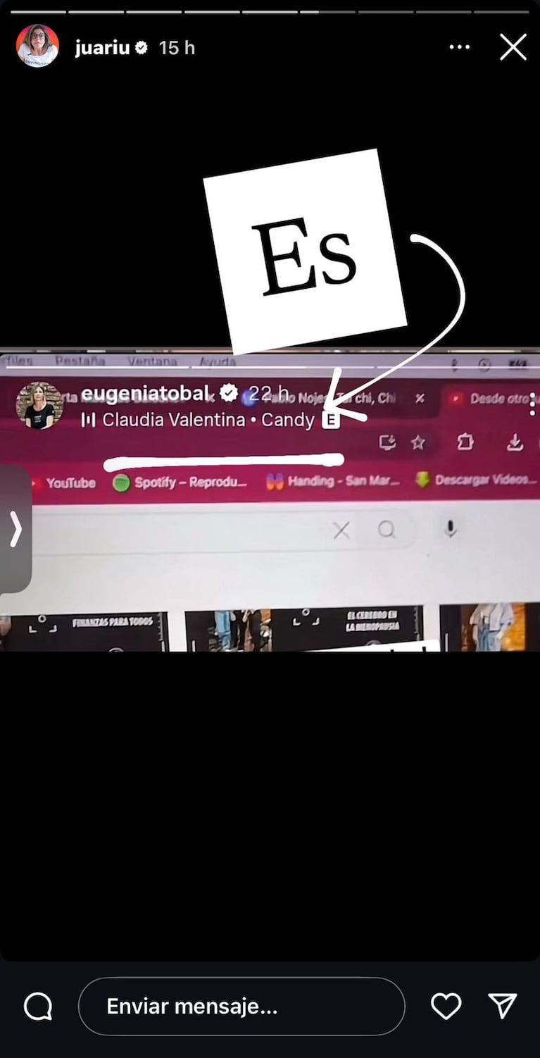 Eugenia Tobal en sus redes sociales (Foto: captura de Instagram/@juariu).