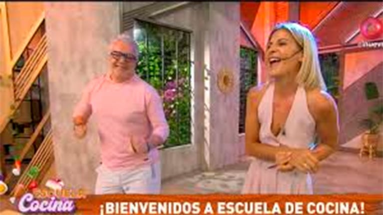 Eugenia Tobal y el chef Roberto "Tano" Ottini en Escuela de Cocina (Foto: captura de El Nueve).