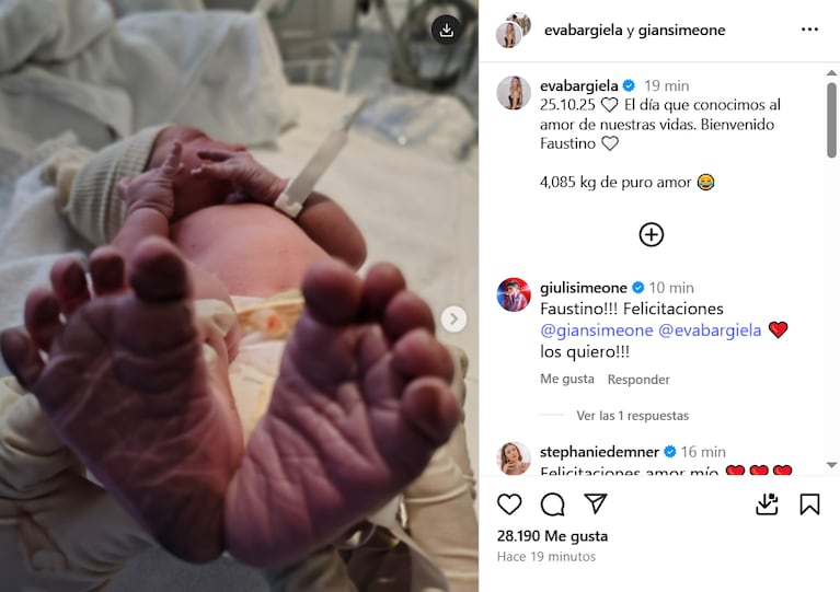 Eva Bargiela y Gianluca Simeone fueron padres de Faustino (Foto: Instagram/@evabargiela).
