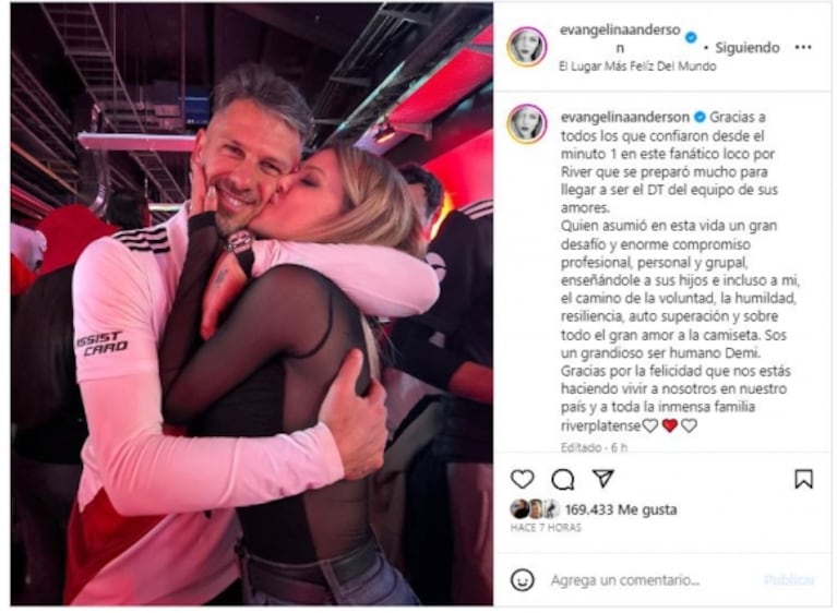 Evangelina Anderson festejó el River campeón de Martín Demichelis con un emotivo mensaje para su marido