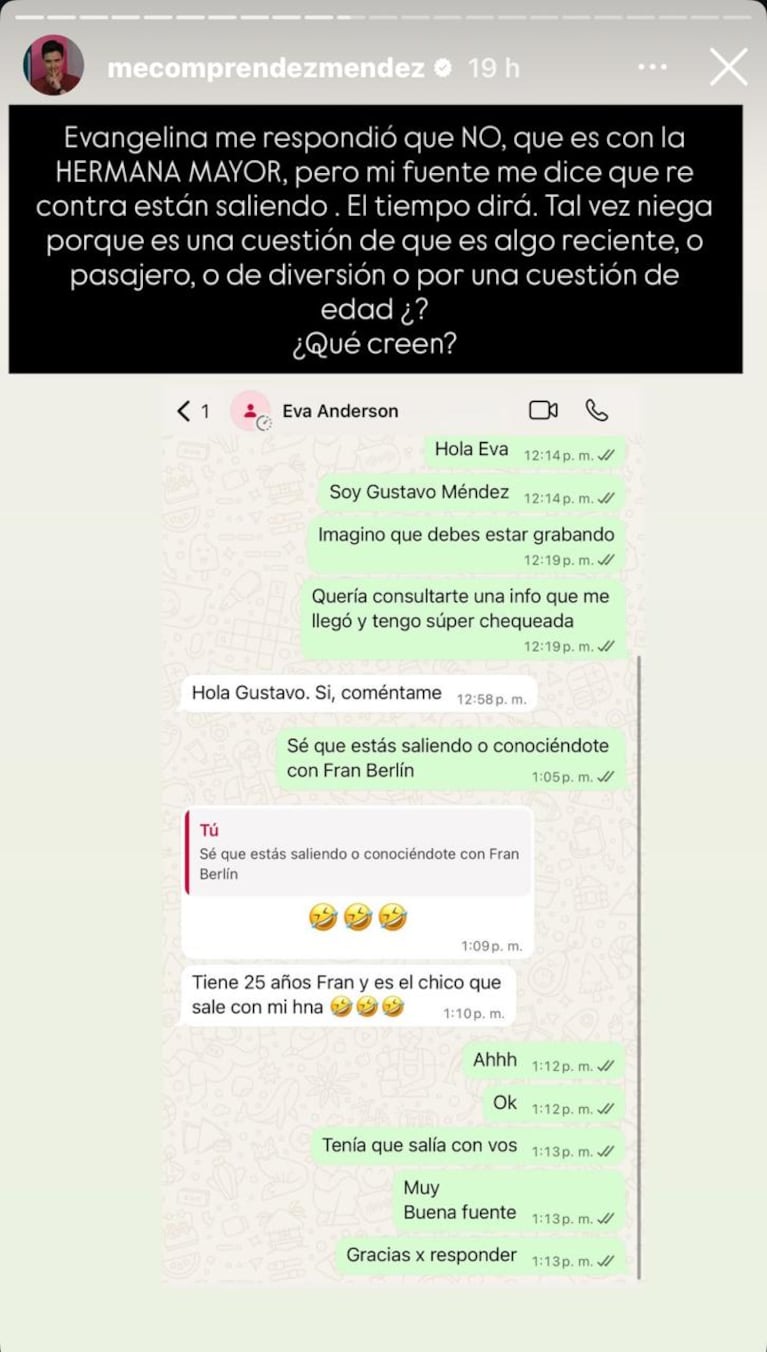 Evangelina Anderson hizo frente a los rumores de romance con Franco Berlín (Foto: Instagram/@mecomprendezmendez).