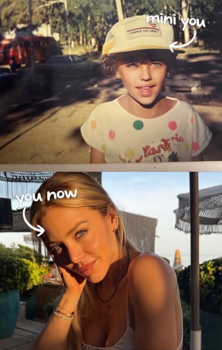 Evangelina Anderson participa en un desafío de redes sociales que compara una foto de su infancia con una imagen actual suya en Marbella. Fuente: Instagram