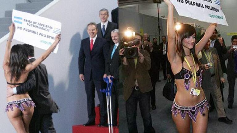 Evangelina Carrozo deleitó a Tony Blair, el ex Primer Ministro britanico, cuando protestó contra las pasteras. (Fotos: Web)