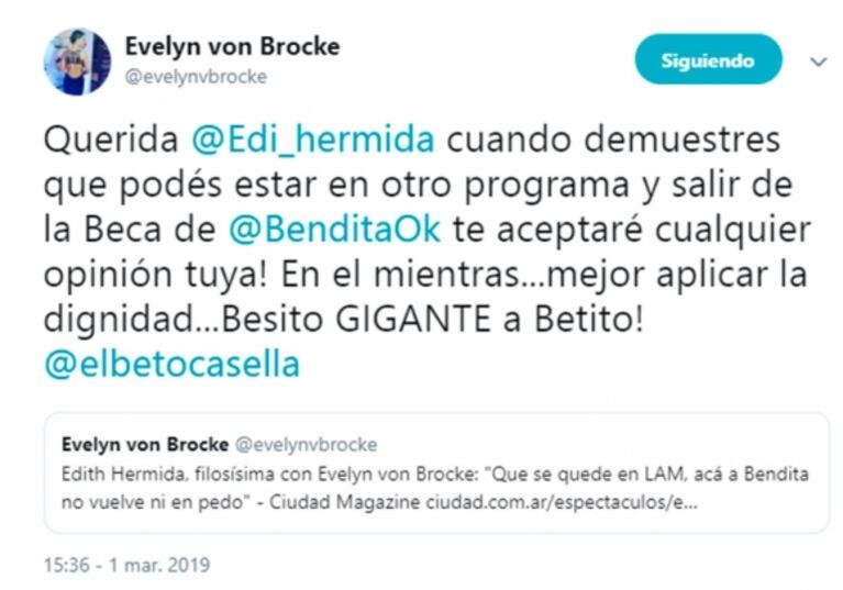 Evelyn von Brocke a Edith Hermida: "Cuando demuestres que podés estar en otro programa, aceptaré tu opinión"