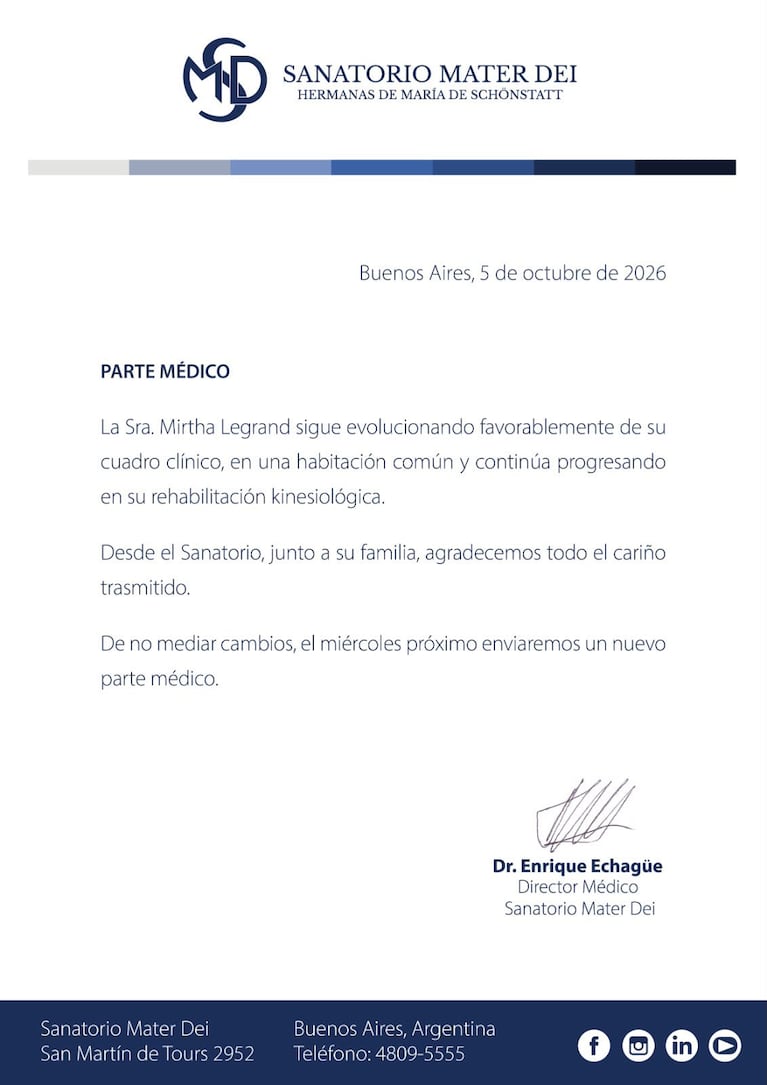 Evoluciona de forma favorable la salud de Mirtha Legrand.