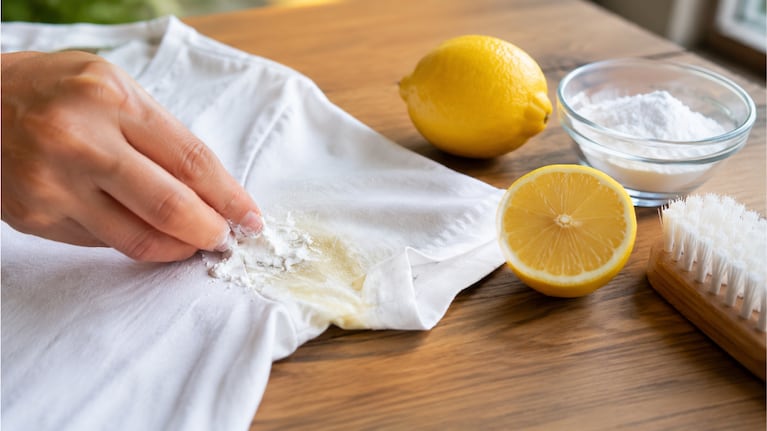 Expertos en limpieza lo recomiendan: mezclar limón con bicarbonato es una solución potente para la ropa. Foto: IA
