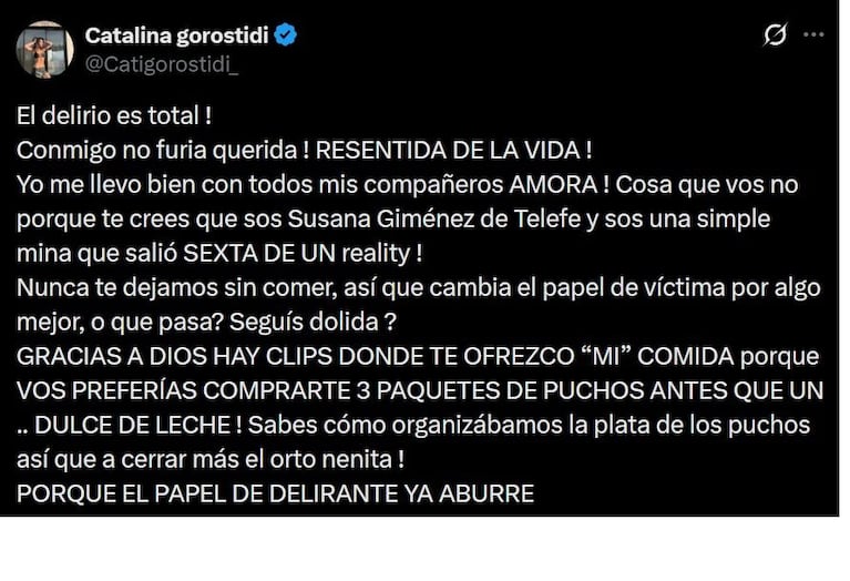 Explosiva pelea entre Furia y Catalina Gorostidi: acusaciones, amenazas y un escándalo por comida en GH. Crédito: X