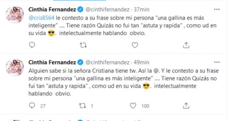 Explosiva respuesta de Cinthia Fernández a Cristiana Sinagra: "Quizás no fui tan 'astuta y rápida' como usted"