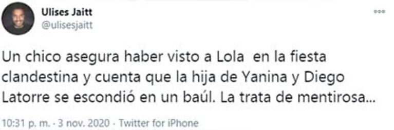 Explosiva versión de Ulises Jaitt sobre la presencia de Lola Latorre en la fiesta: "Dicen que se escondió en un baúl"