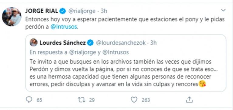 Explosivo cruce de Jorge Rial con Lourdes Sánchez en Twitter: "Voy a esperar a que estaciones el pony y pidas perdón"