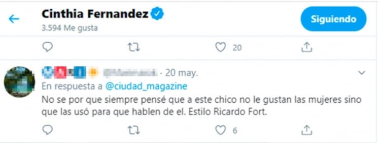 Explosivo "me gusta" de Cinthia Fernández sobre Martín Baclini: "Estilo Fort, no le gustan las mujeres sino que las usó"