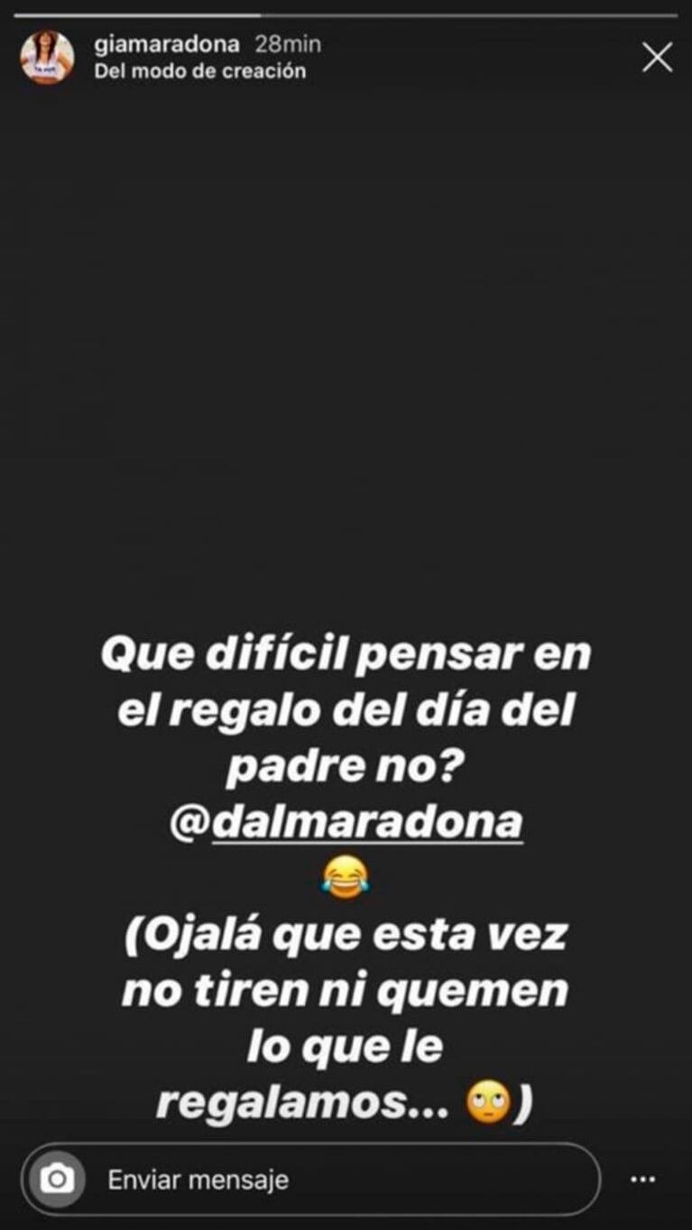 Explosivo mensaje de Gianinna Maradona a Dalma por el regalo del Día del Padre a Diego: "Ojalá que esta vez no lo tiren ni quemen"