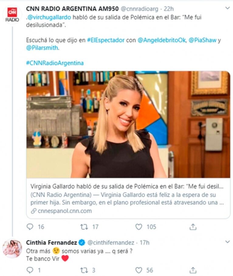 Explosivo respaldo de Cinthia Fernández a Virginia Gallardo tras su escandalosa salida de Polémica: "Somos bastantes a las que nos pasó"