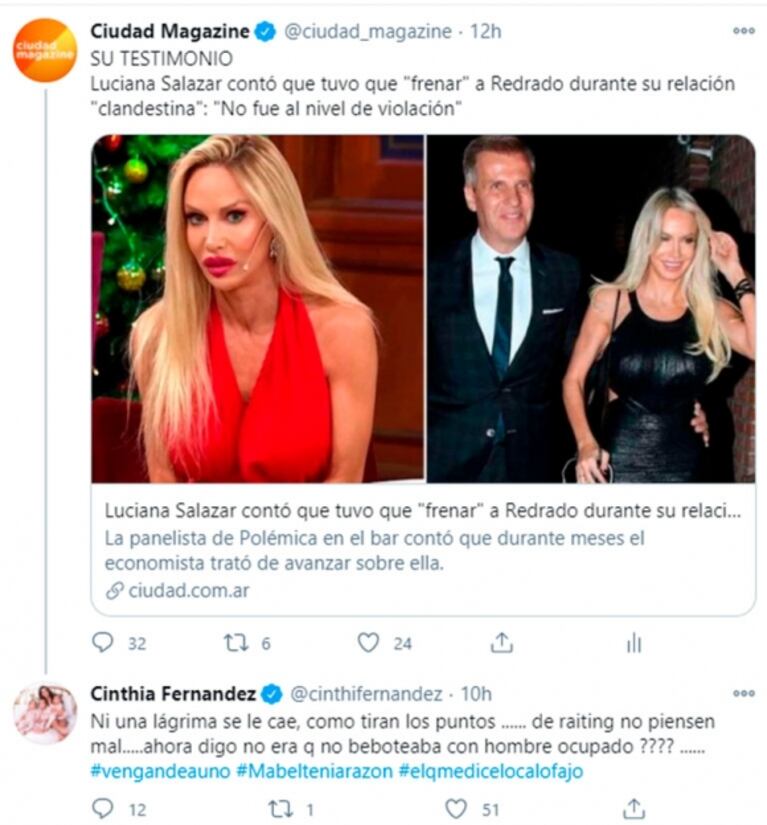 Explosivo tweet de Cinthia Fernández contra Luciana Salazar tras su confesión sobre Redrado: "¿No era que no beboteaba con hombre ocupado?"