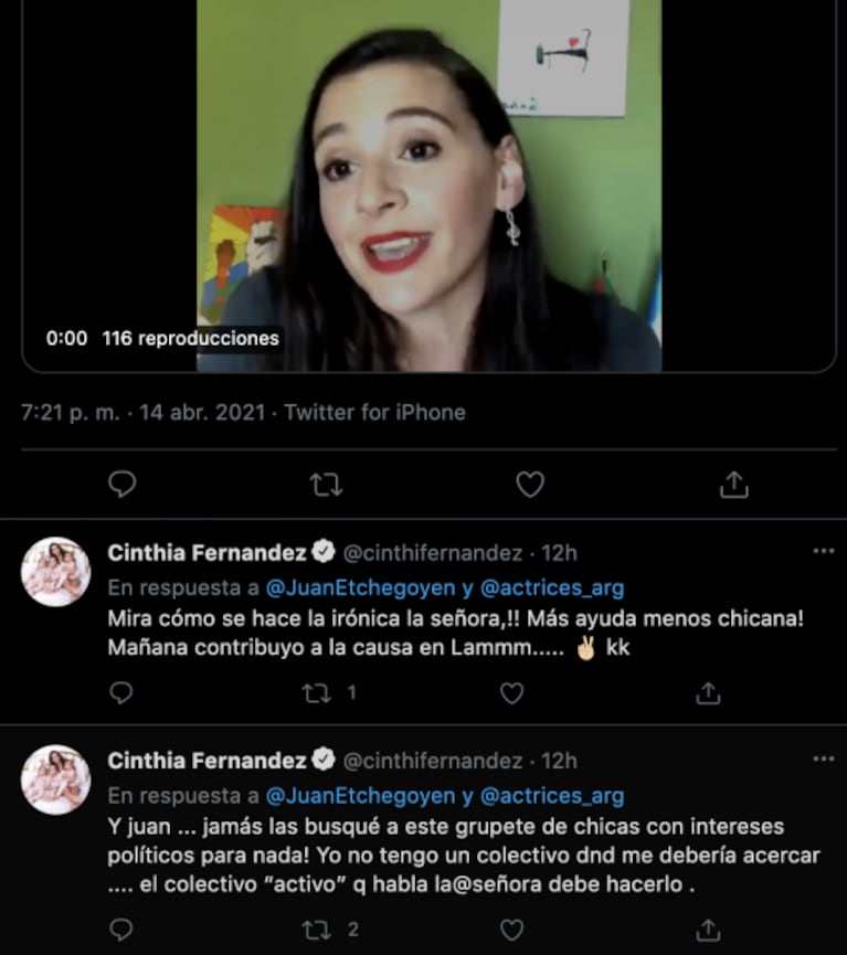 Explosivos tweets de Cinthia Fernández contra Laura Azcurra por haber defendido a Actrices Argentinas: "Mirá cómo se hace la irónica la señora"