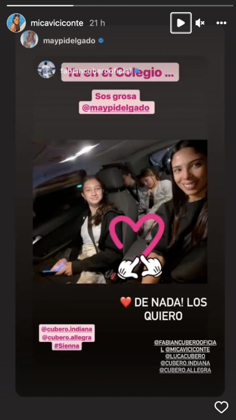 Fabián Cubero le agradeció a Maypi Delgado, amiga de Mica Viciconte, por llevar a sus hijas con Nicole Neumann al cole