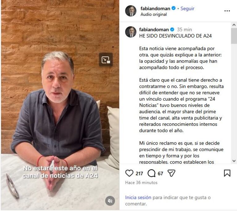 Fabián Doman acusó de opacidad al canal A24 tras ser desvinculado.