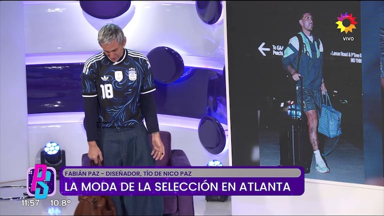 Fabián Paz muestra cómo usar el bolso masculino (Foto: captura de eltrece).
