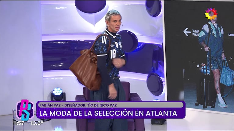 Fabián Paz muestra cómo usar el bolso masculino (Foto: captura de eltrece).
