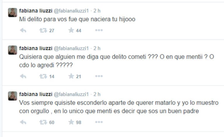Fabiana Liuzzi contraatacó en la red social tras los mensajes de Ventura (Fotos: Captura). 