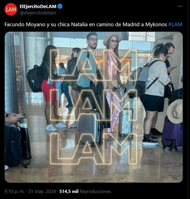 Facundo Moyano con la modelo, Natalia, en un aeropuerto (Foto: captura de la cuenta de X de LAM).