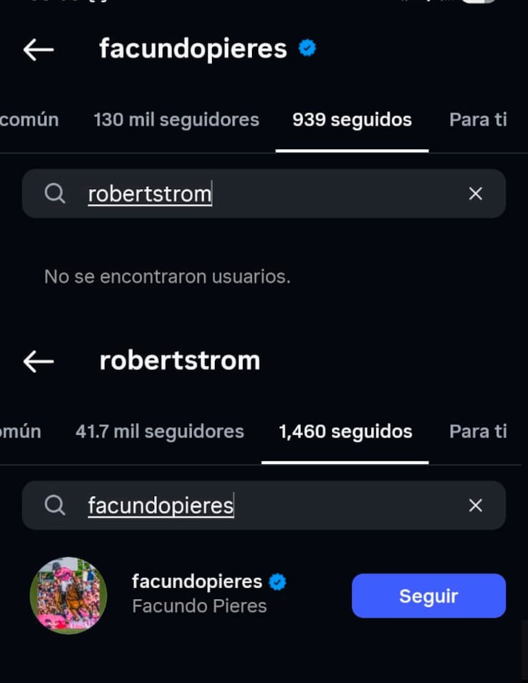 Facundo Pieres dejó de seguir en Instagram a Robert Strom