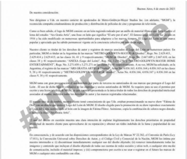 Fátima Flórez recibió una durísima carta documento de una productora norteamericana