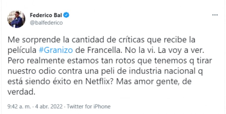 Fede Bal defendió Granizo, la película de su ex Laurita Fernández y Guillermo Francella: "Más amor, gente y menos odio" 