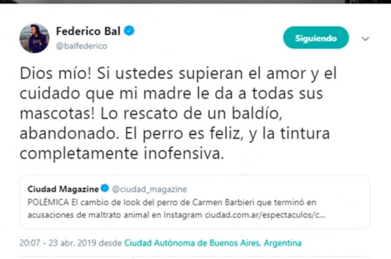 Fede Bal salió en defensa de Carmen Barbieri tras la polémica por la tintura de su perro