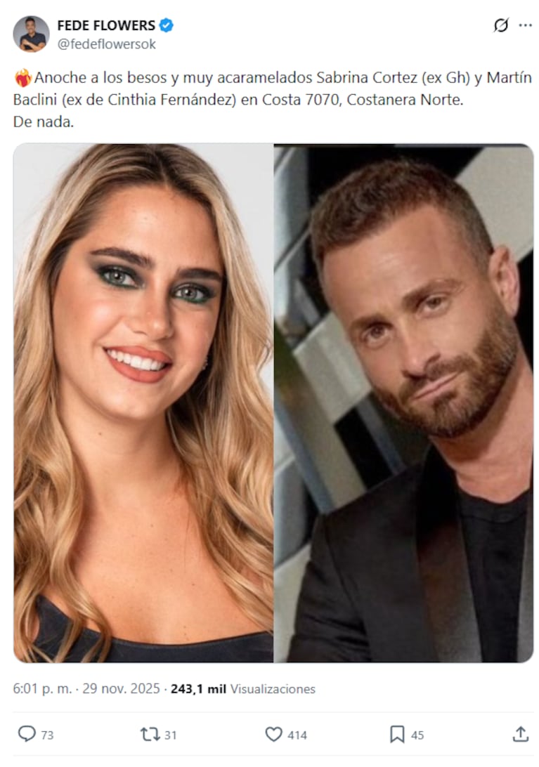 Fede Flowers aseguró que Martín Baclini y Sabrina Cortez estuvieron en un boliche. Foto: captura de X