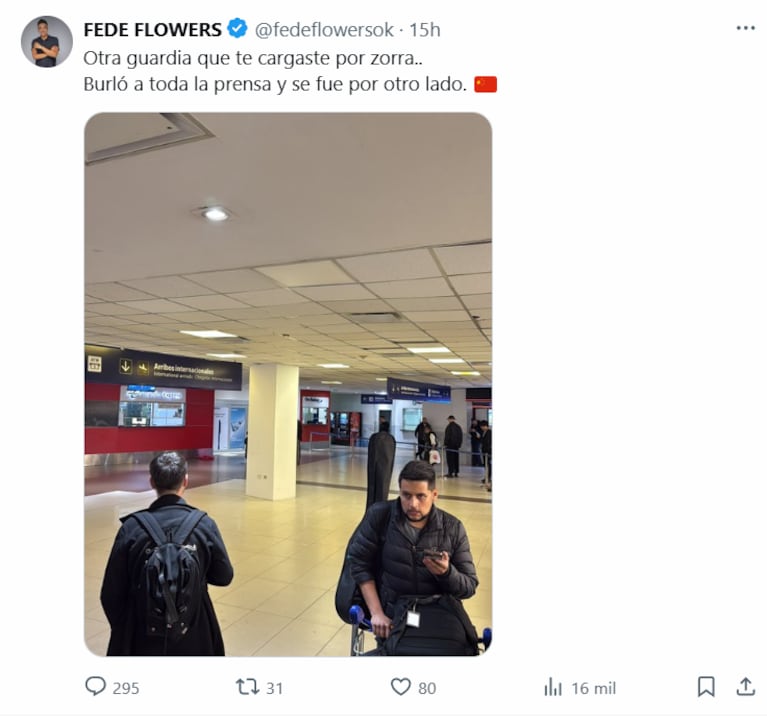 Fede Flowers contó que la China Suárez burló a la prensa en el aeropuerto (Foto: captura de X).