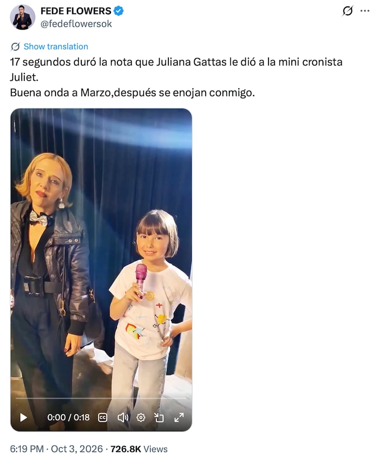 Fede Flowers criticó la actitud de Juliana Gattas por una entrevista (Captura: X @fedeflowersok)