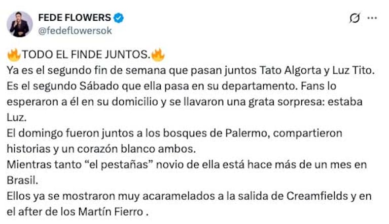 Fede Flowers lanzó el rumor explosivo sobre Tato Algorta y Luz Tito de Gran Hermano