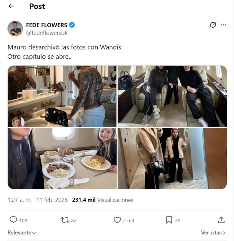 Fede Flowers reveló el gesto de Mauro Icardi en Instagram con Wanda Nara mientras la China Suárez está en la Argentina (Foto: captura de X/@fedeflowersok).