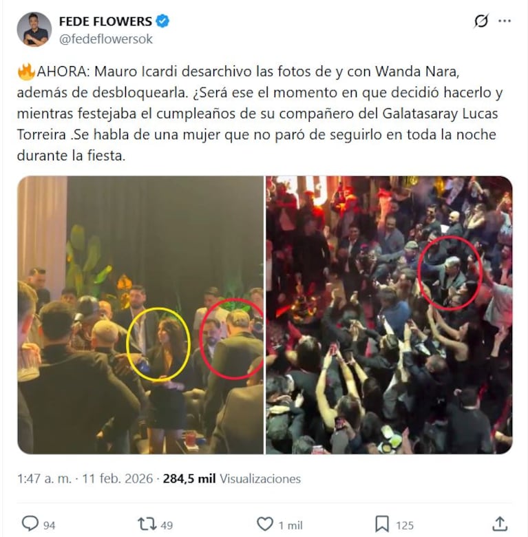 Fede Flowers reveló el gesto de Mauro Icardi en Instagram con Wanda Nara mientras la China Suárez está en la Argentina (Foto: captura de X/@fedeflowersok).