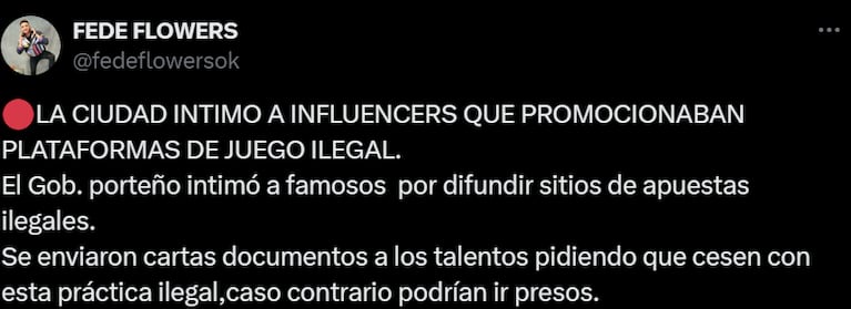Fede reveló a qué 9 famosos el gobierno porteño intimó por promocionar plataformas de juego ilegales en las redes.