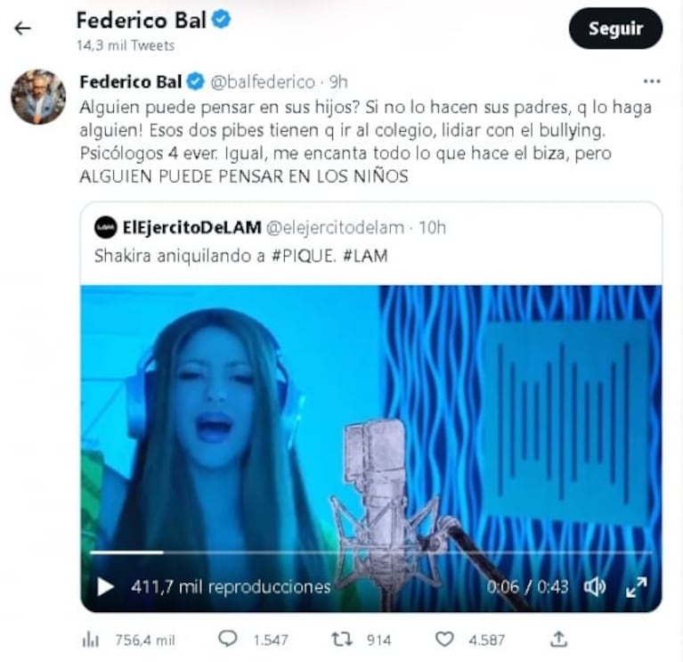 Federico Bal criticó fuerte a Shakira por su picante canción sobre Gerard Piqué: "¿Alguien puede pensar en sus hijos?"